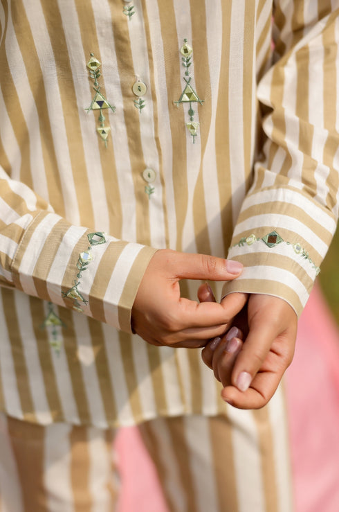 Beige Mirror Embroidered Stripe Shirt